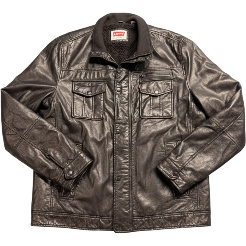 Levis Strauss Mens Faux Leather Sherpa Lined Trucker Jacket Black Size XL